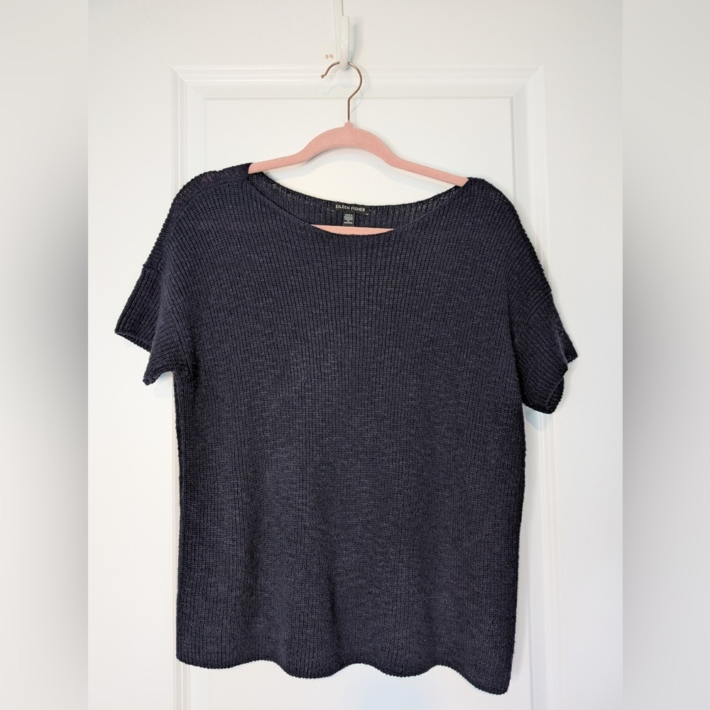 Eileen Fisher Women’s Cotton Linen Short Sleeve Ribbed Sweater Navy Blue Size XS
